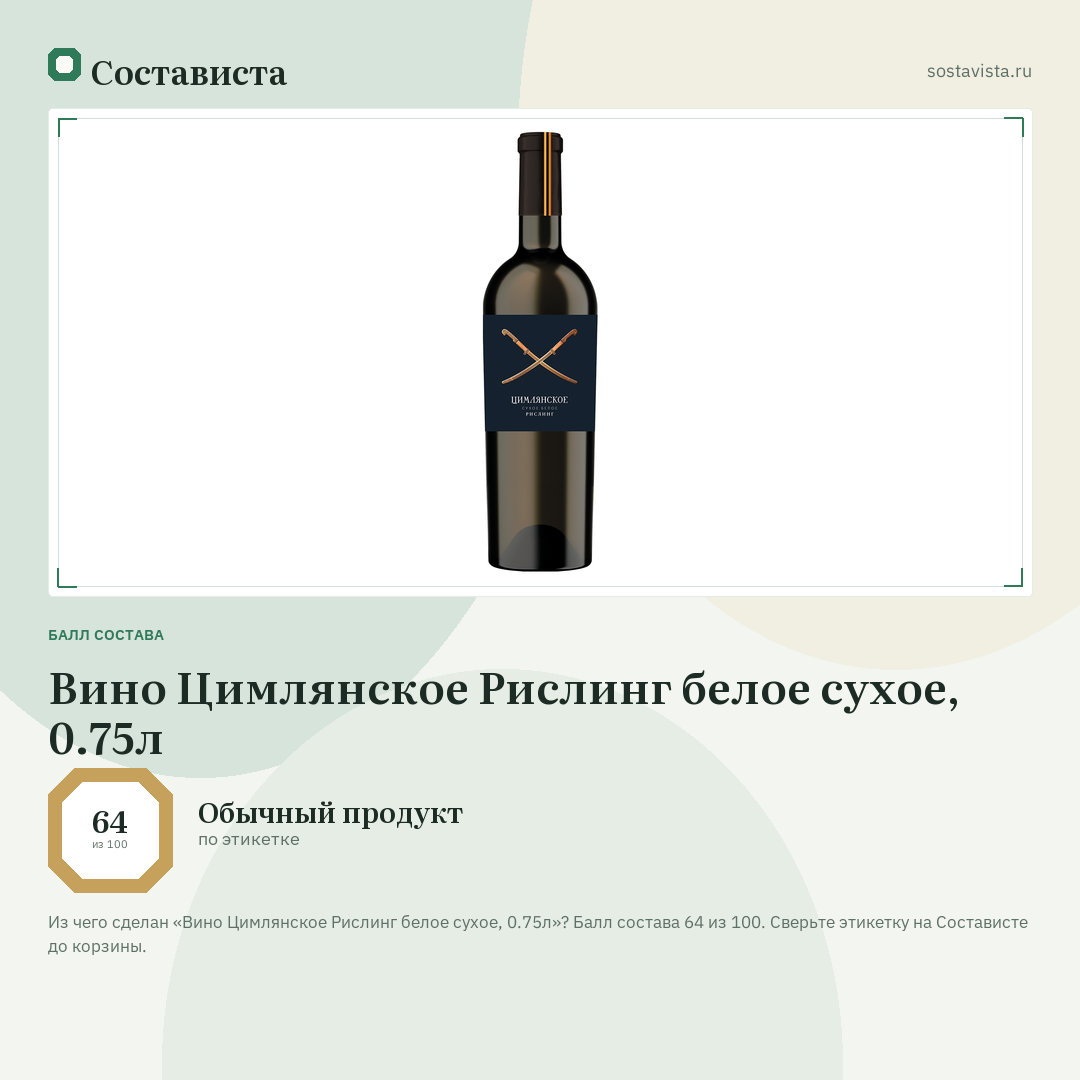 Вино Цимлянское Рислинг белое сухое, 0.75л: балл состава 64 из 100 — Состависта