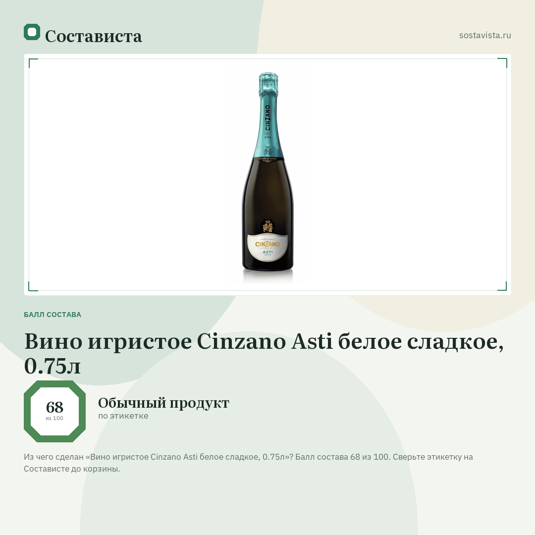 Вино игристое Cinzano Asti белое сладкое, 0.75л: балл состава 68 из 100 — Состависта