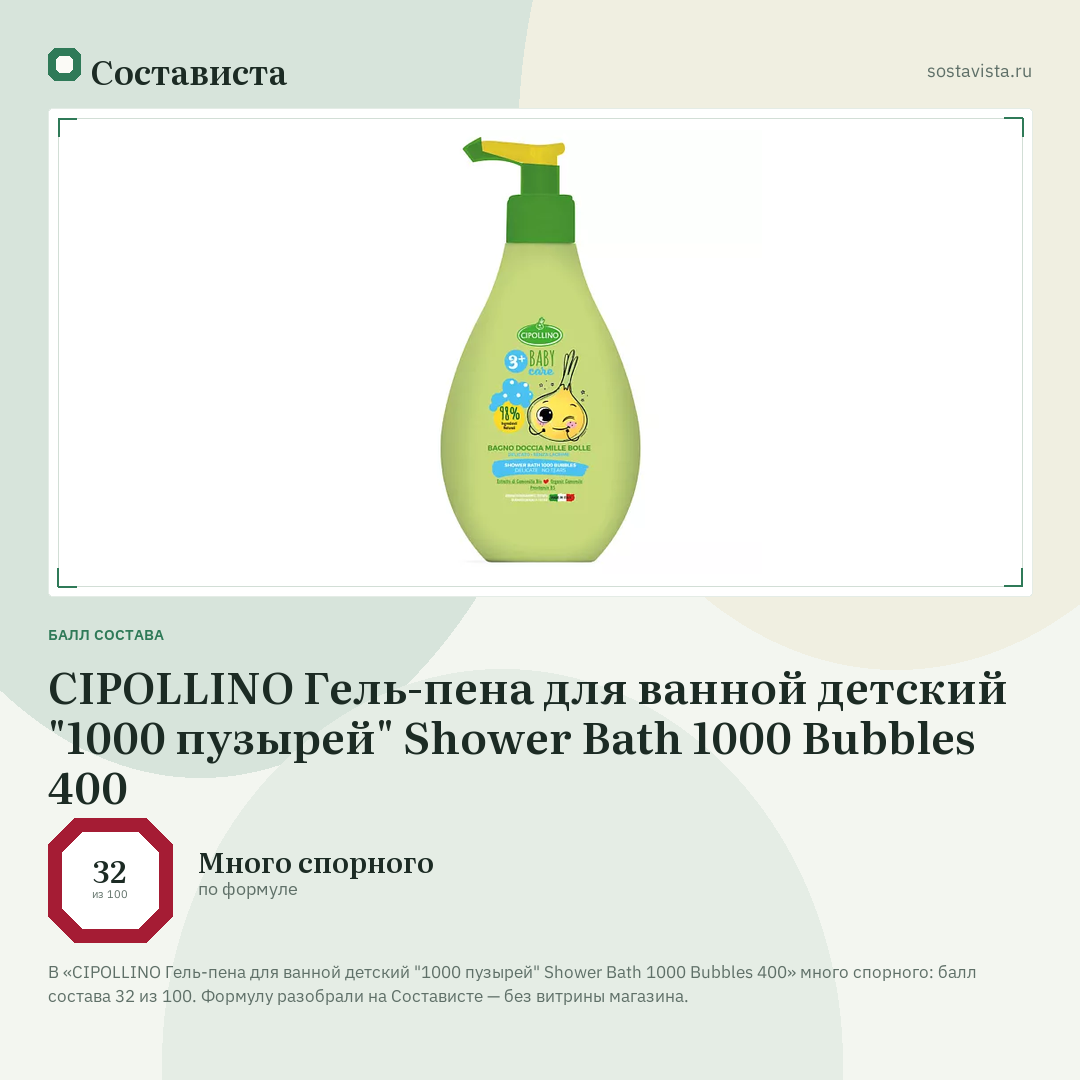 CIPOLLINO Гель-пена для ванной детский "1000 пузырей" Shower Bath 1000 Bubbles 400: балл состава 32 из 100 — Состависта