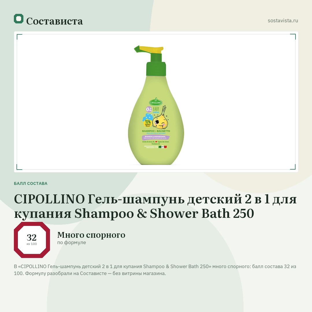 CIPOLLINO Гель-шампунь детский 2 в 1 для купания Shampoo & Shower Bath 250: балл состава 32 из 100 — Состависта
