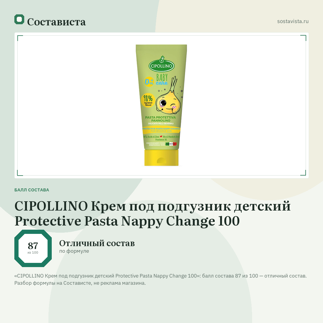 CIPOLLINO Крем под подгузник детский Protective Pasta Nappy Change 100: балл состава 87 из 100 — Состависта