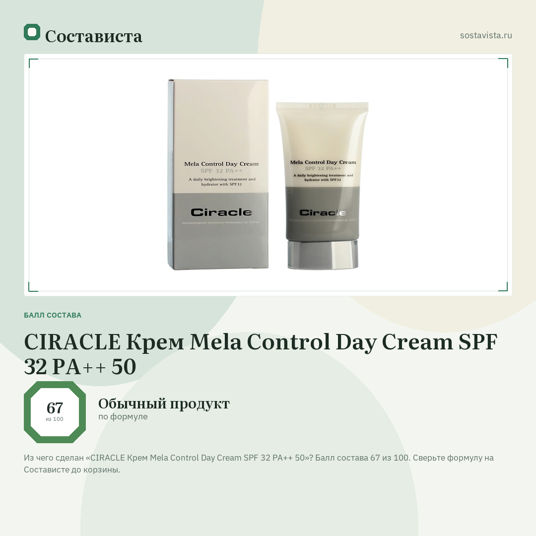 CIRACLE Крем Mela Control Day Cream SPF 32 PA++ 50: балл состава 67 из 100 — Состависта