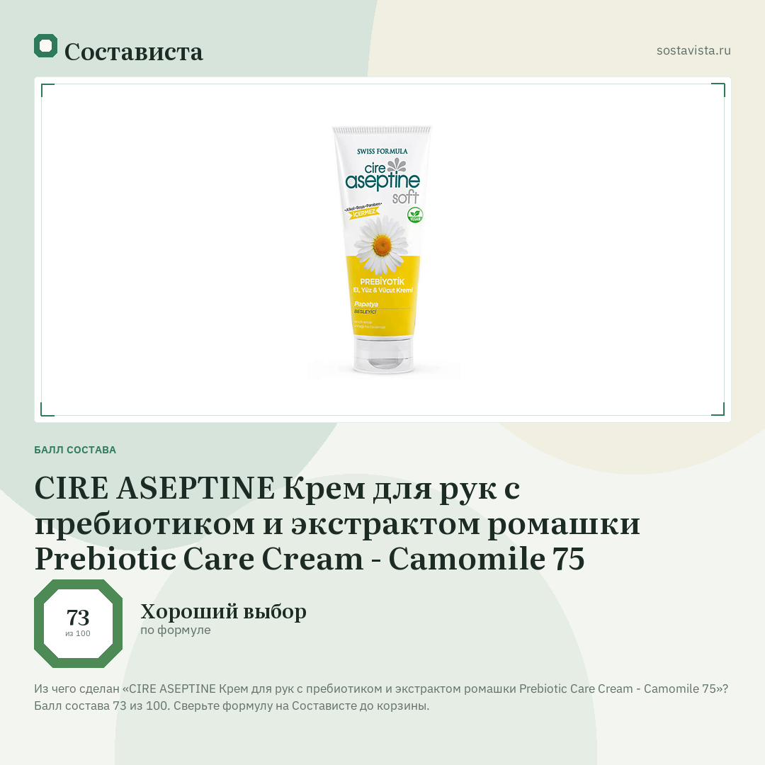 CIRE ASEPTINE Крем для рук с пребиотиком и экстрактом ромашки Prebiotic Care Cream - Camomile 75: балл состава 73 из 100 — Состависта
