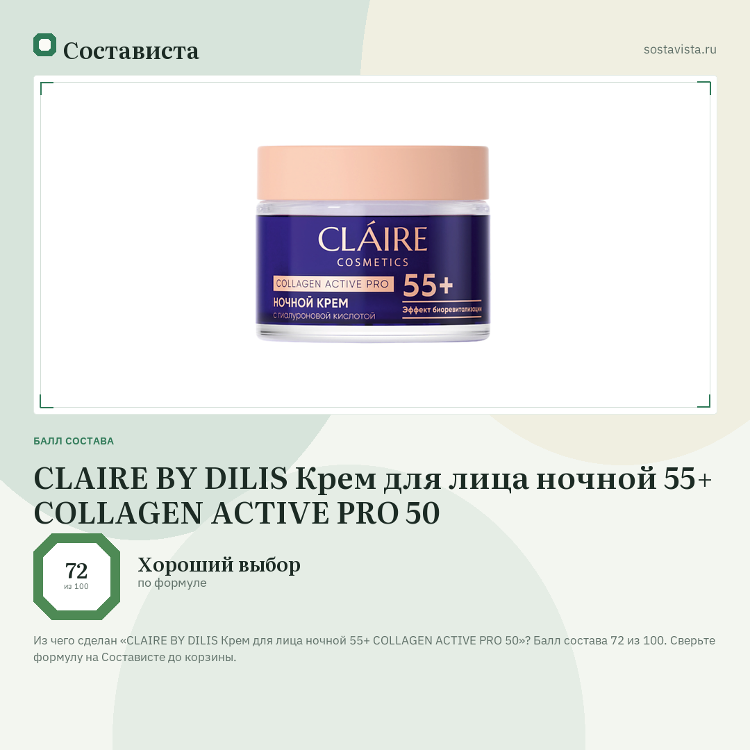 CLAIRE BY DILIS Крем для лица ночной 55+ COLLAGEN ACTIVE PRO 50: балл состава 72 из 100 — Состависта