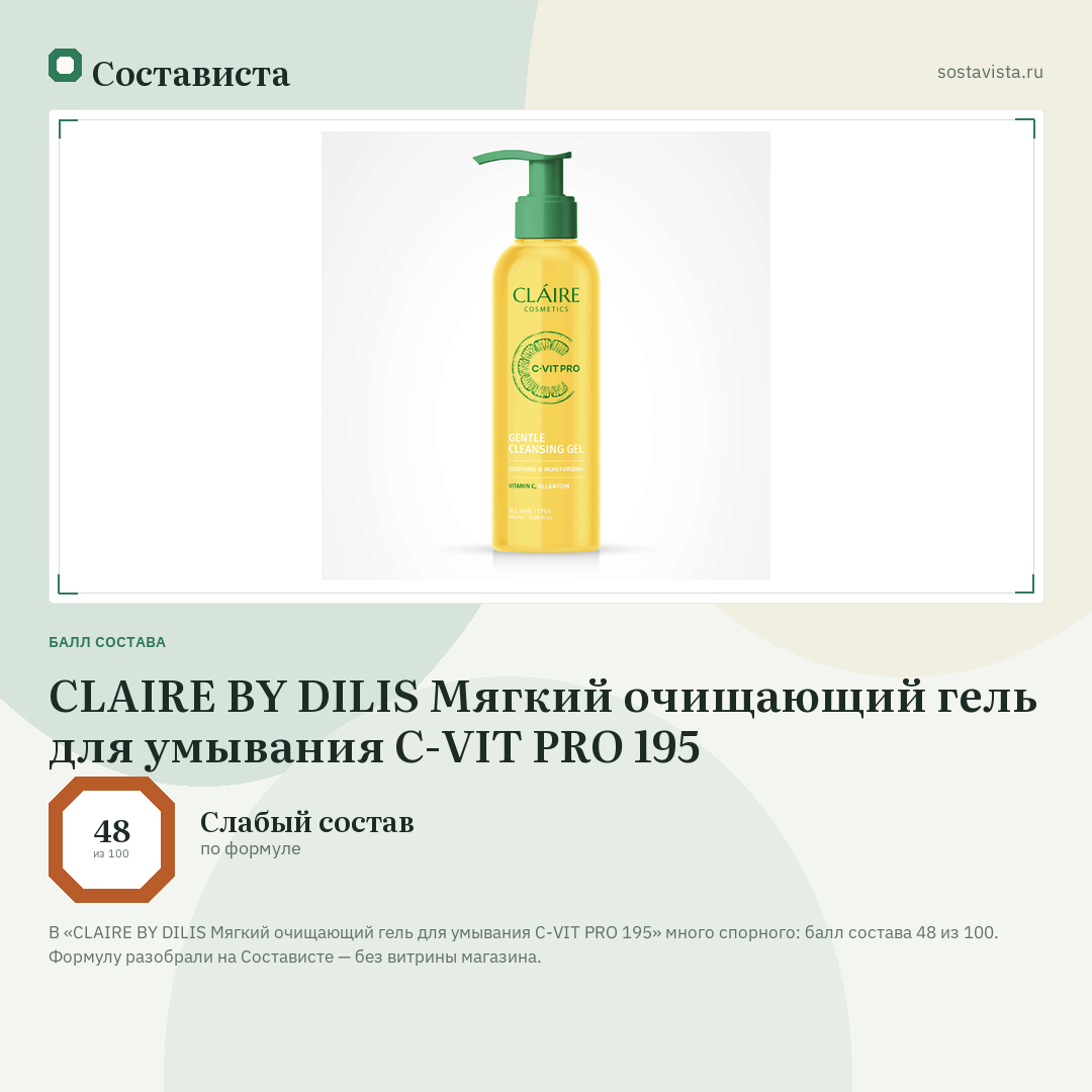 CLAIRE BY DILIS Мягкий очищающий гель для умывания C-VIT PRO 195: балл состава 48 из 100 — Состависта