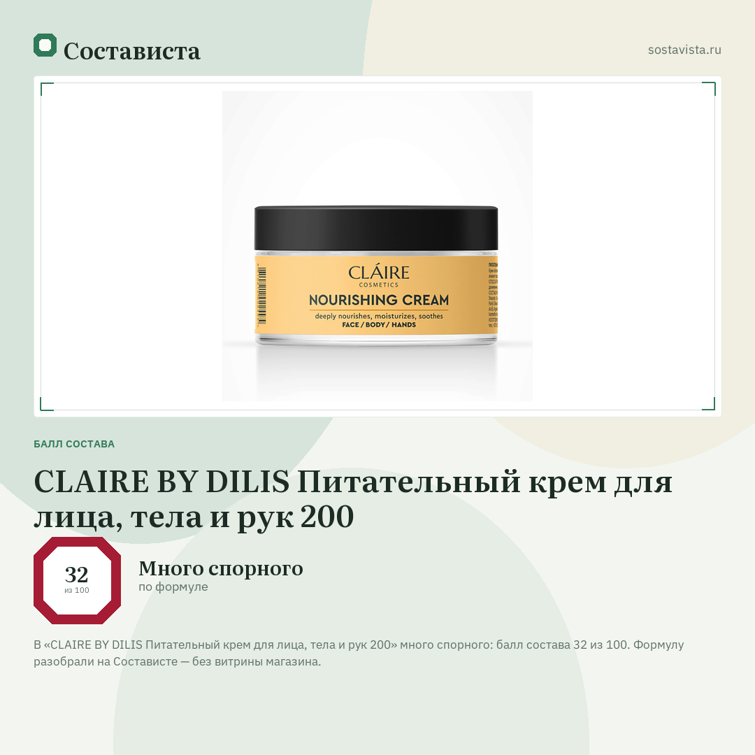 CLAIRE BY DILIS Питательный крем для лица, тела и рук 200: балл состава 32 из 100 — Состависта
