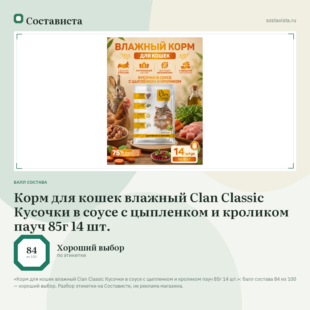 Корм для кошек влажный Clan Classic Кусочки в соусе с цыпленком и кроликом пауч 85г 14 шт.: балл состава 84 из 100 — Состависта