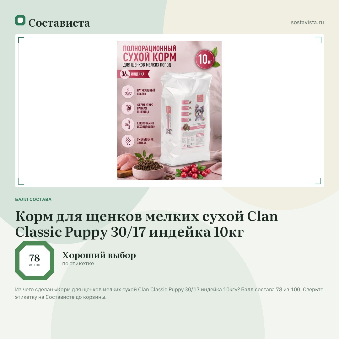 Корм для щенков мелких сухой Clan Classic Puppy 30/17 индейка 10кг: балл состава 78 из 100 — Состависта