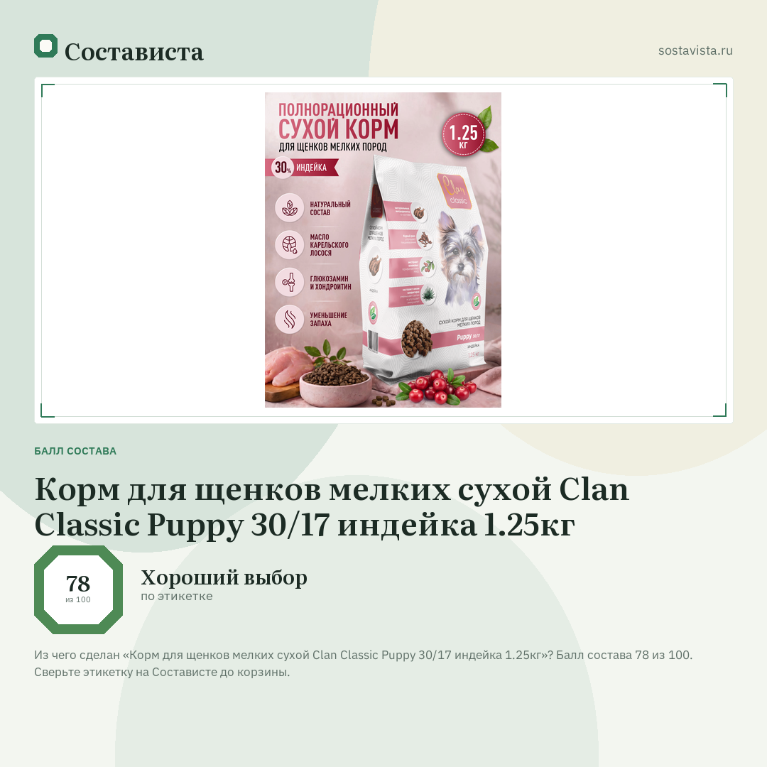 Корм для щенков мелких сухой Clan Classic Puppy 30/17 индейка 1.25кг: балл состава 78 из 100 — Состависта