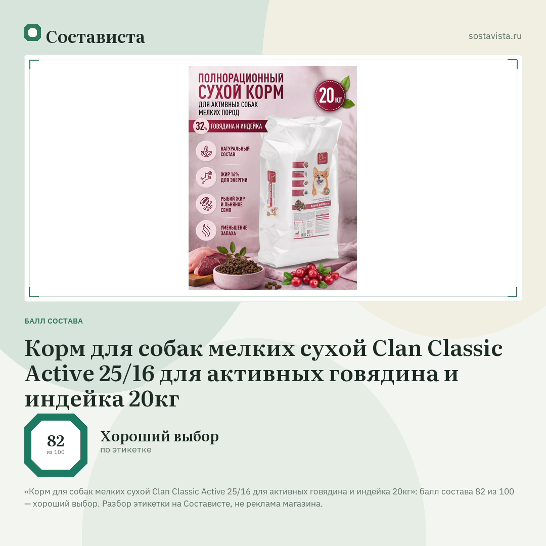 Корм для собак мелких сухой Clan Classic Active 25/16 для активных говядина и индейка 20кг: балл состава 82 из 100 — Состависта