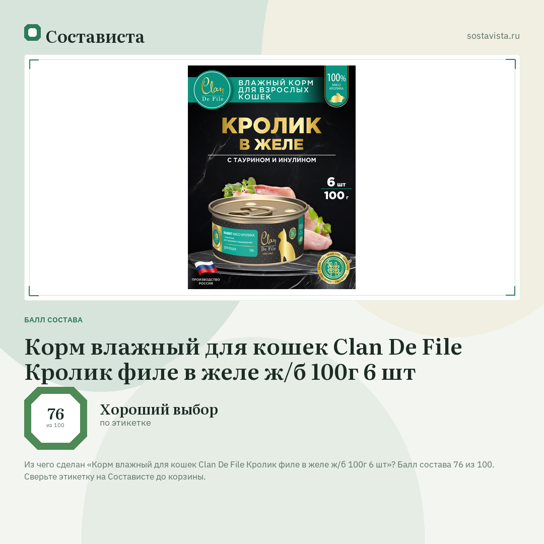 Корм влажный для кошек Clan De File Кролик филе в желе ж/б 100г 6 шт: балл состава 76 из 100 — Состависта