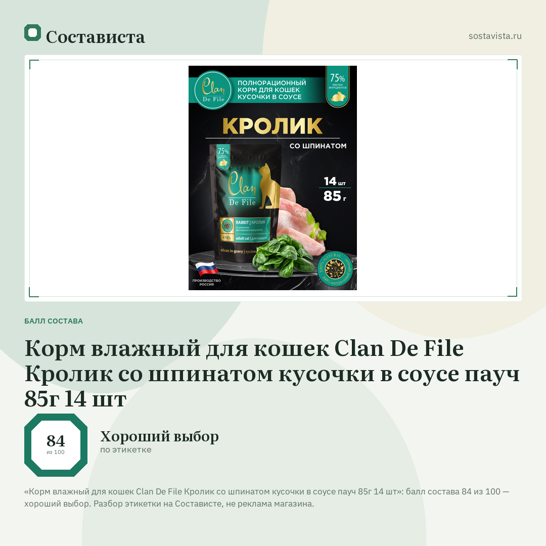 Корм влажный для кошек Clan De File Кролик со шпинатом кусочки в соусе пауч 85г 14 шт: балл состава 84 из 100 — Состависта