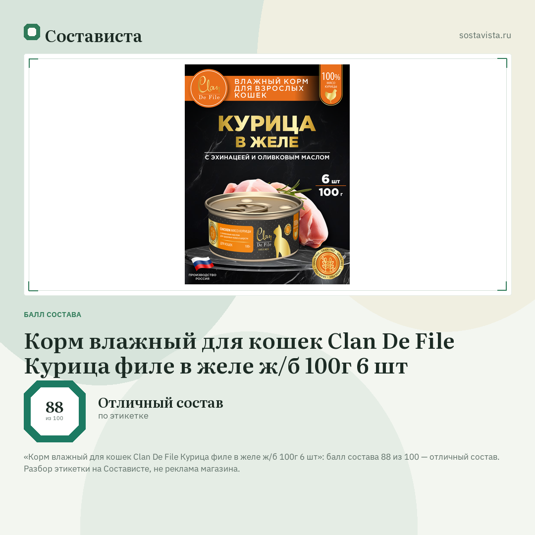 Корм влажный для кошек Clan De File Курица филе в желе ж/б 100г 6 шт: балл состава 88 из 100 — Состависта