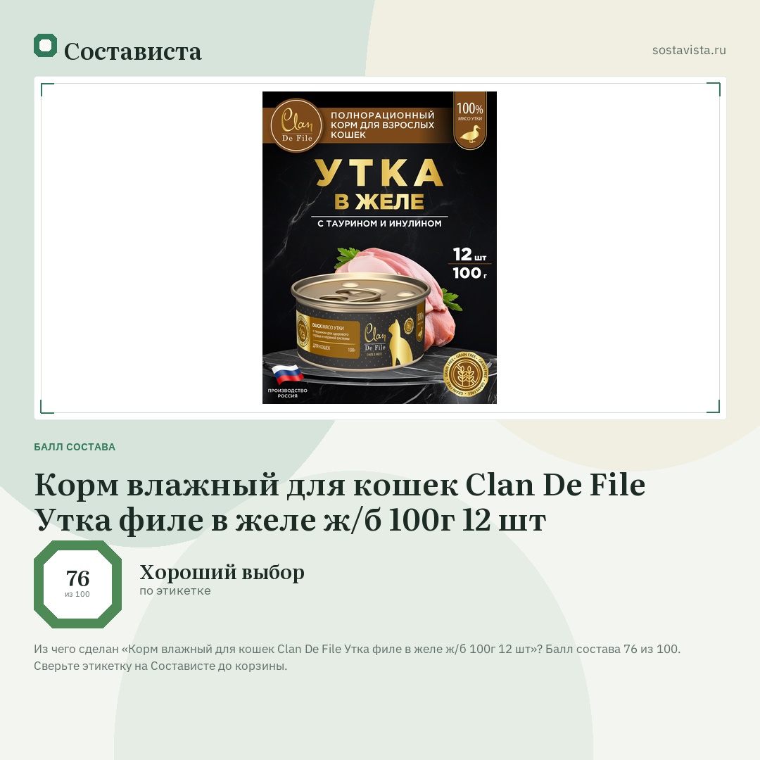 Корм влажный для кошек Clan De File Утка филе в желе ж/б 100г 12 шт: балл состава 76 из 100 — Состависта