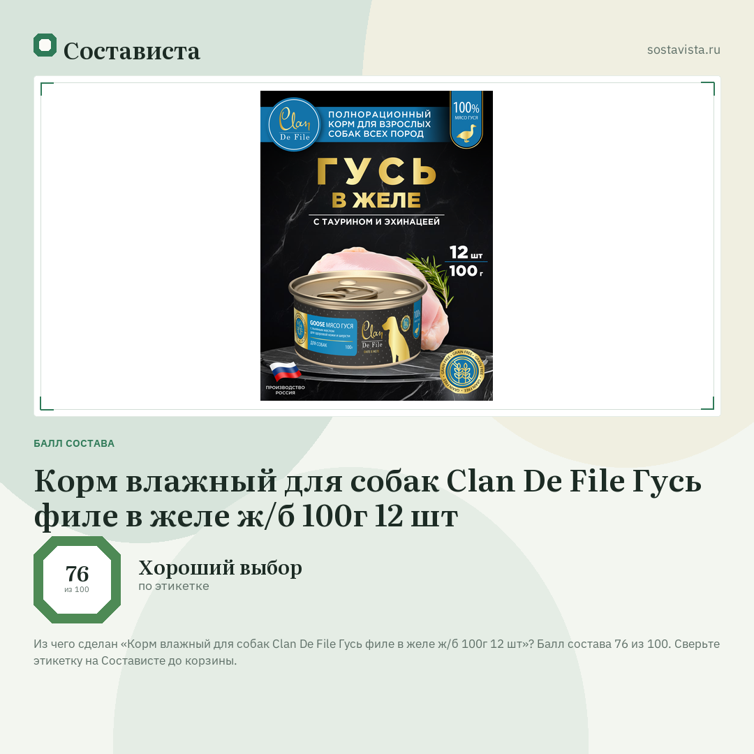 Корм влажный для собак Clan De File Гусь филе в желе ж/б 100г 12 шт: балл состава 76 из 100 — Состависта