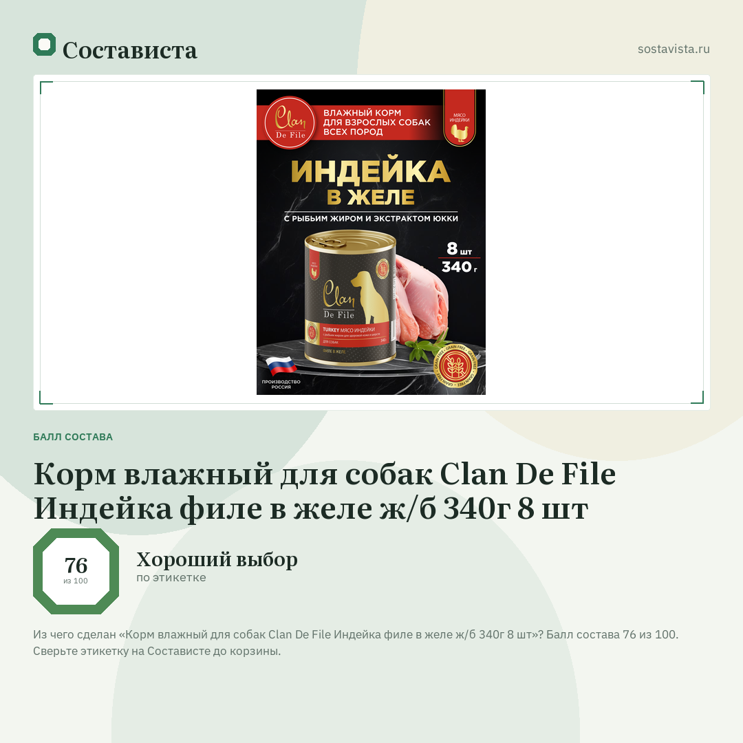 Корм влажный для собак Clan De File Индейка филе в желе ж/б 340г 8 шт: балл состава 76 из 100 — Состависта
