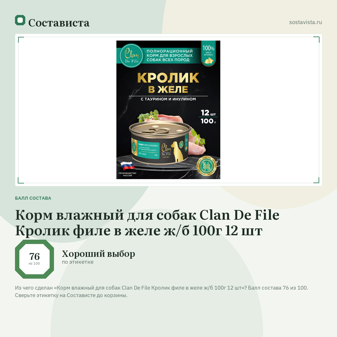 Корм влажный для собак Clan De File Кролик филе в желе ж/б 100г 12 шт: балл состава 76 из 100 — Состависта