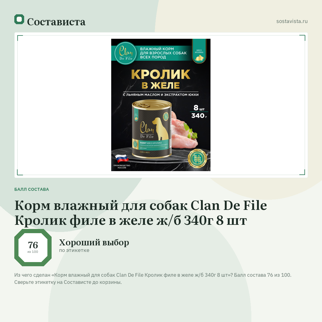 Корм влажный для собак Clan De File Кролик филе в желе ж/б 340г 8 шт: балл состава 76 из 100 — Состависта