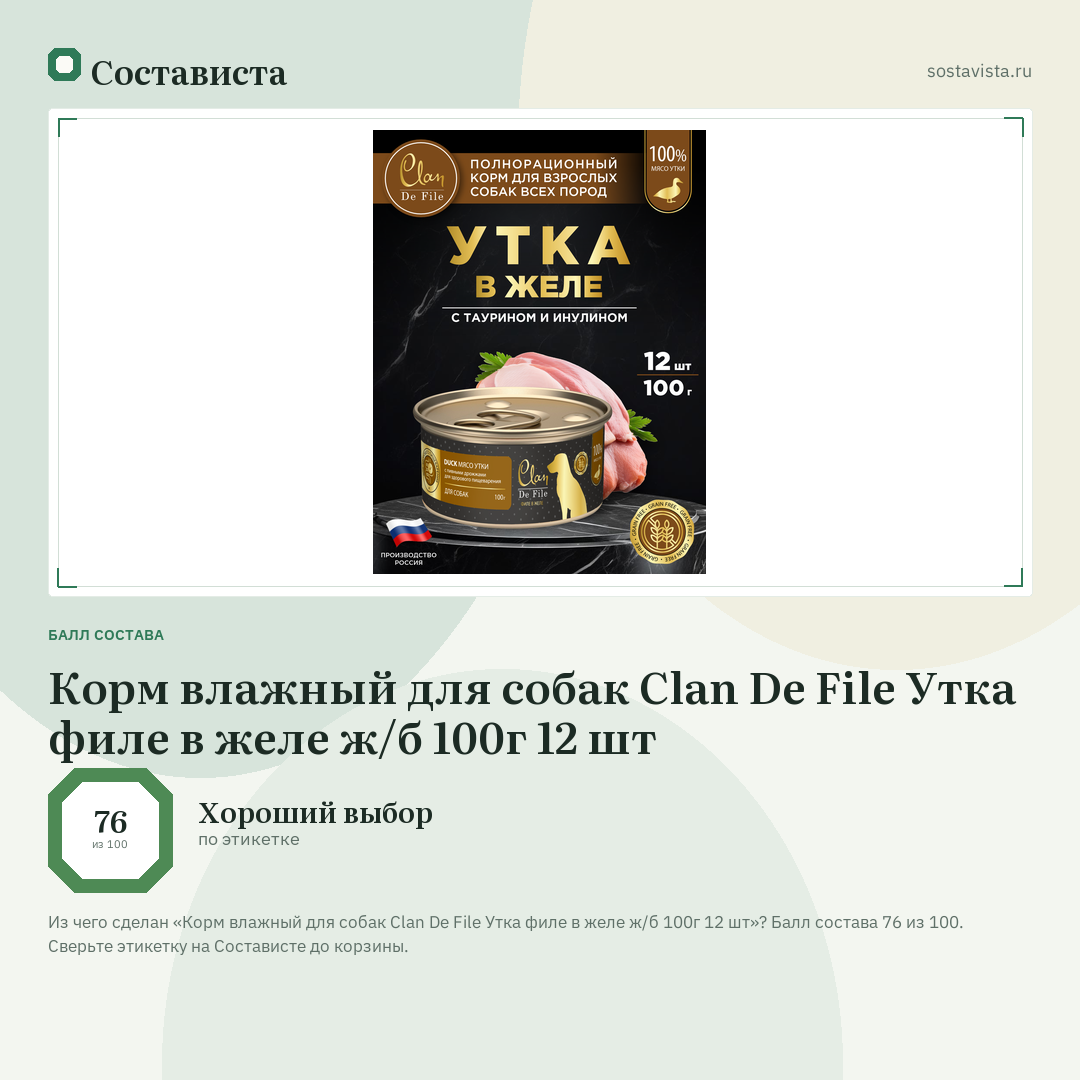 Корм влажный для собак Clan De File Утка филе в желе ж/б 100г 12 шт: балл состава 76 из 100 — Состависта
