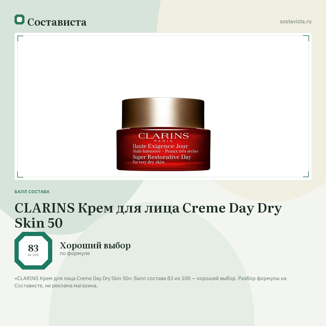 CLARINS Крем для лица Creme Day Dry Skin 50: балл состава 83 из 100 — Состависта