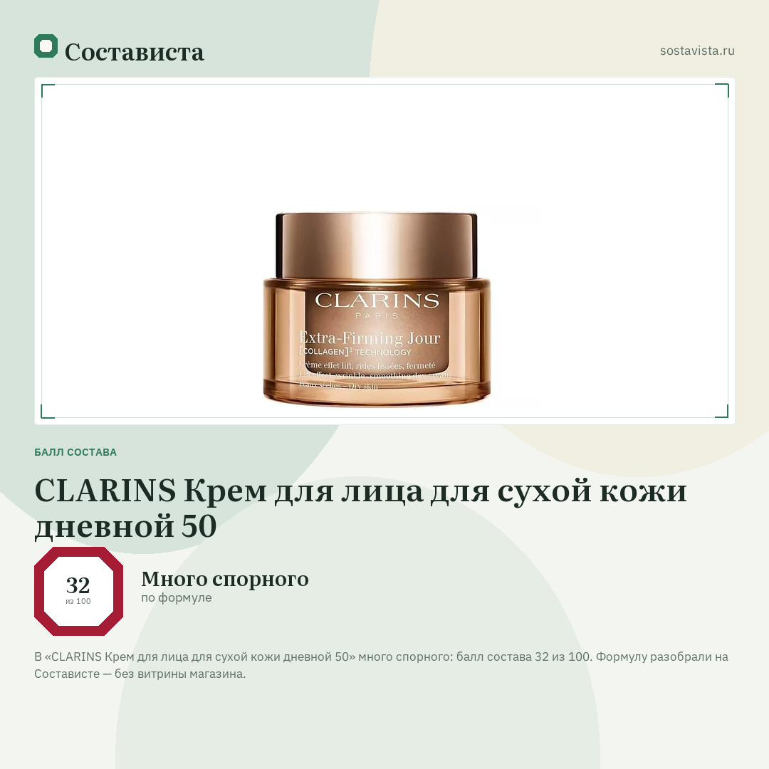 CLARINS Крем для лица для сухой кожи дневной 50: балл состава 32 из 100 — Состависта