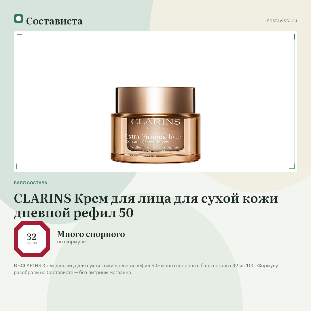 CLARINS Крем для лица для сухой кожи дневной рефил 50: балл состава 32 из 100 — Состависта