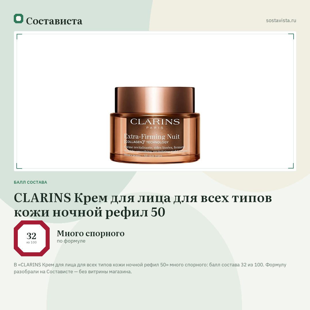 CLARINS Крем для лица для всех типов кожи ночной рефил 50: балл состава 32 из 100 — Состависта