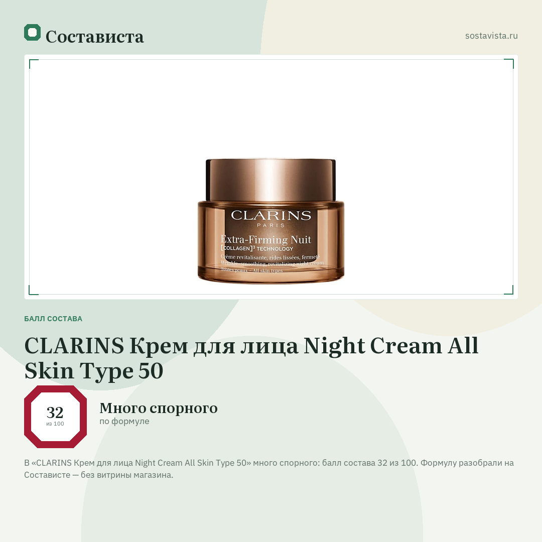 CLARINS Крем для лица Night Cream All Skin Type 50: балл состава 32 из 100 — Состависта