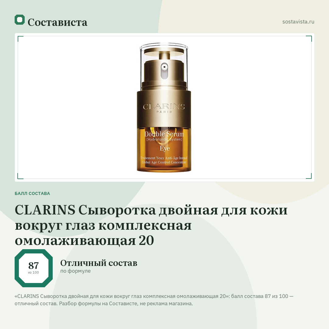 CLARINS Сыворотка двойная для кожи вокруг глаз комплексная омолаживающая 20: балл состава 87 из 100 — Состависта