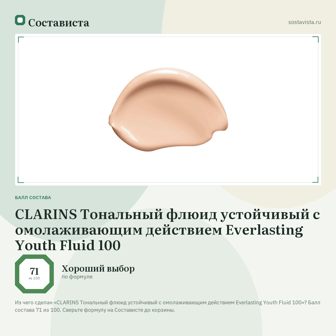 CLARINS Тональный флюид устойчивый с омолаживающим действием Everlasting Youth Fluid 100: балл состава 71 из 100 — Состависта