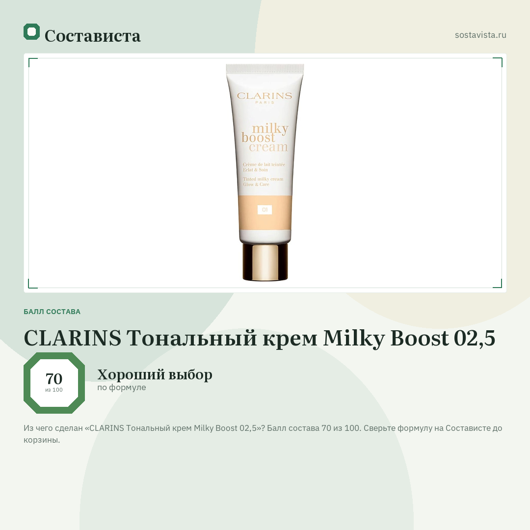 CLARINS Тональный крем Milky Boost 02,5: балл состава 70 из 100 — Состависта