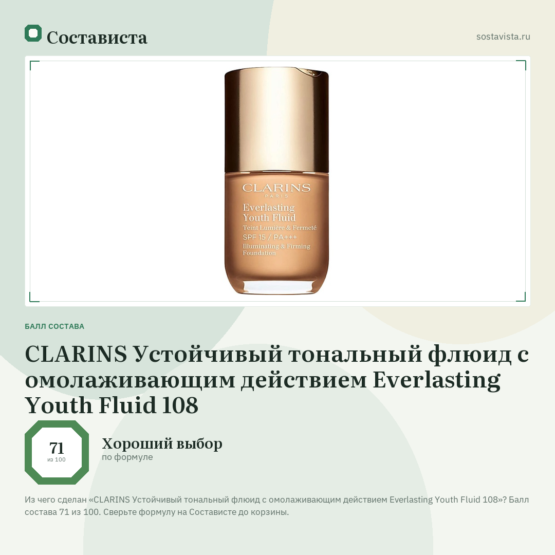 CLARINS Устойчивый тональный флюид с омолаживающим действием Everlasting Youth Fluid 108: балл состава 71 из 100 — Состависта