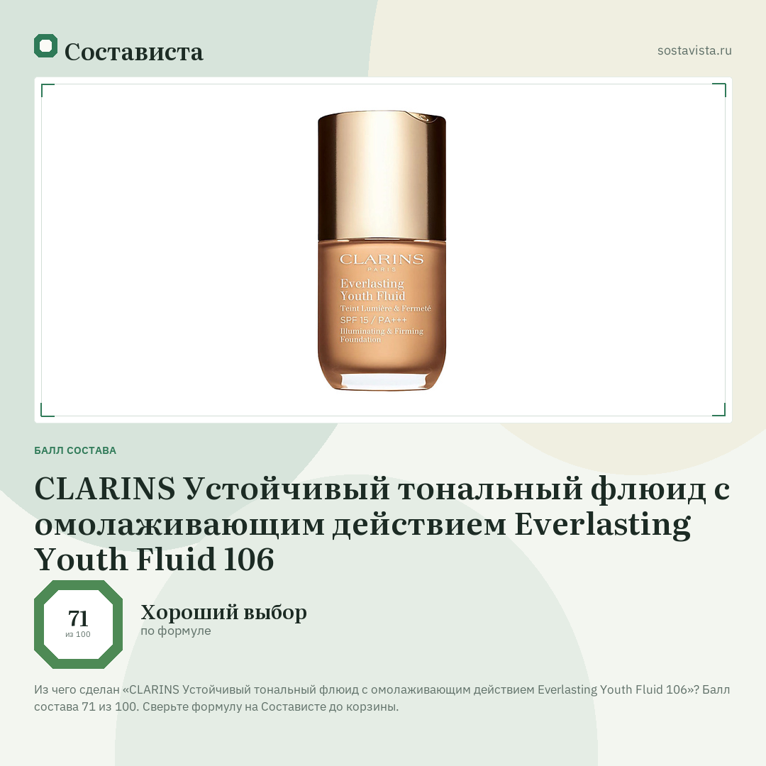 CLARINS Устойчивый тональный флюид с омолаживающим действием Everlasting Youth Fluid 106: балл состава 71 из 100 — Состависта