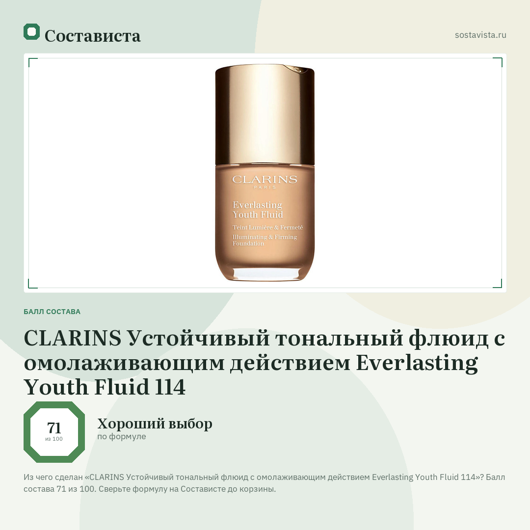 CLARINS Устойчивый тональный флюид с омолаживающим действием Everlasting Youth Fluid 114: балл состава 71 из 100 — Состависта