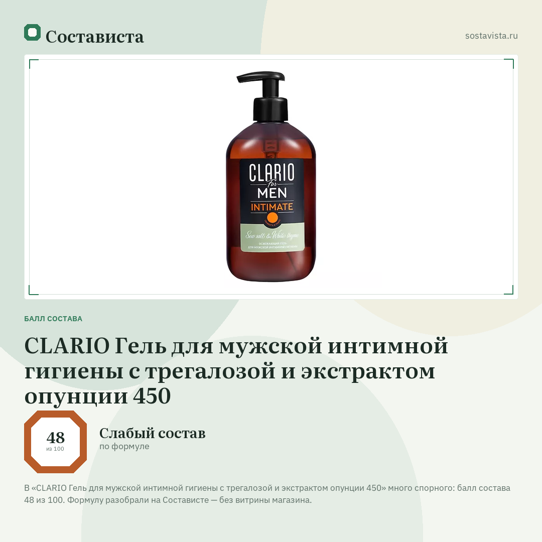 CLARIO Гель для мужской интимной гигиены с трегалозой и экстрактом опунции 450: балл состава 48 из 100 — Состависта