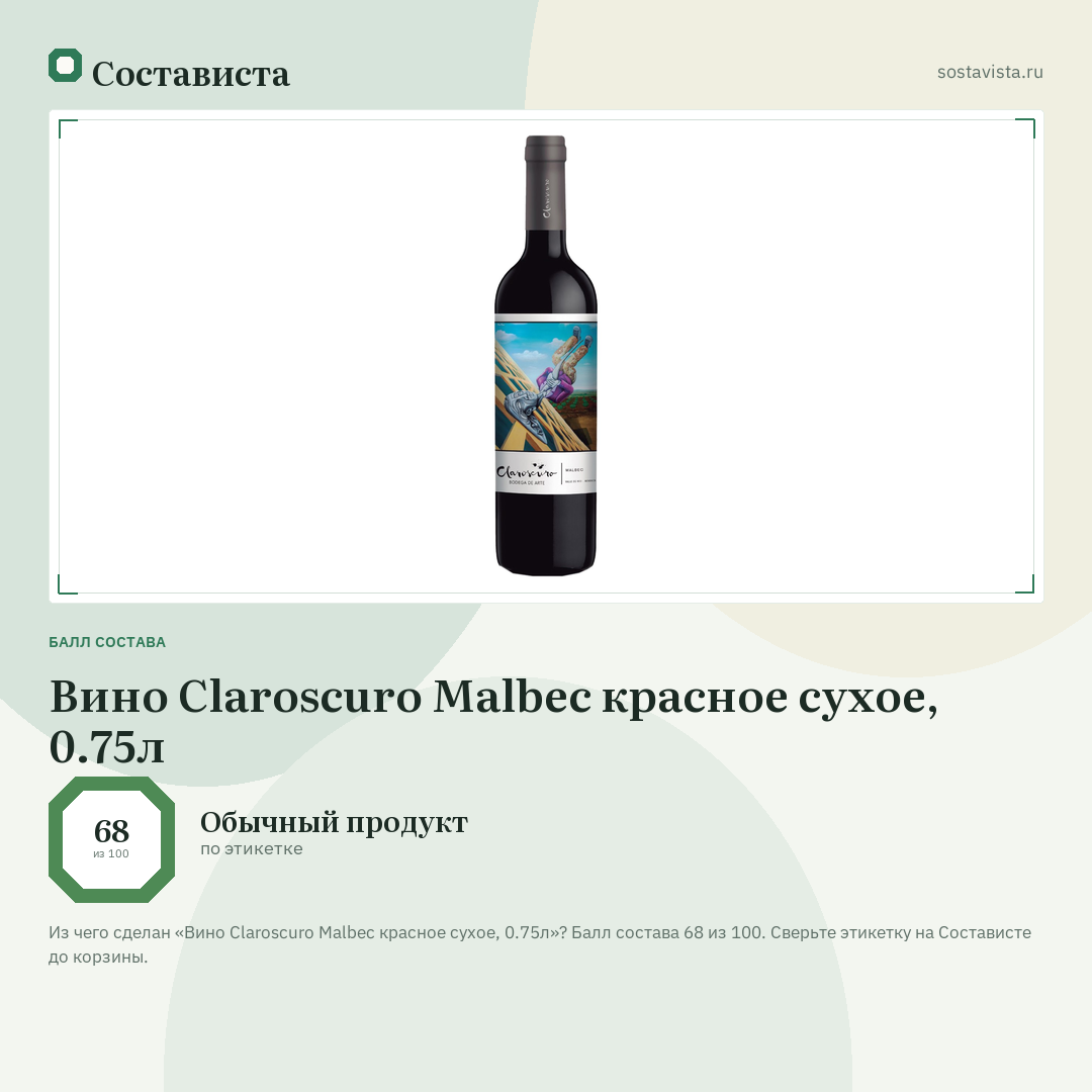Вино Claroscuro Malbec красное сухое, 0.75л: балл состава 68 из 100 — Состависта
