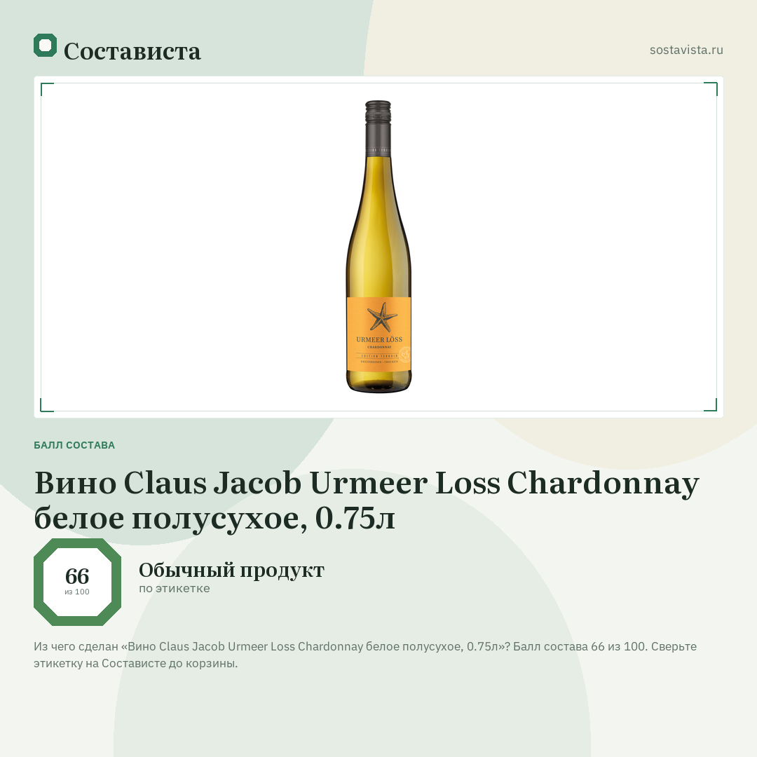 Вино Claus Jacob Urmeer Loss Chardonnay белое полусухое, 0.75л: балл состава 66 из 100 — Состависта