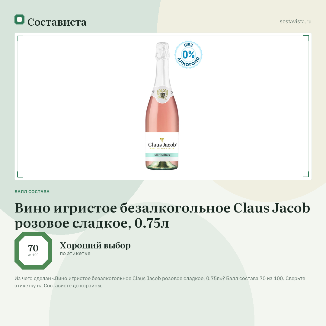 Вино игристое безалкогольное Claus Jacob розовое сладкое, 0.75л: балл состава 70 из 100 — Состависта