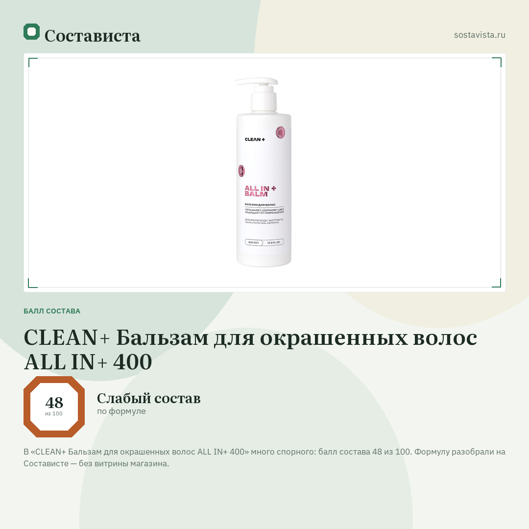 CLEAN+ Бальзам для окрашенных волос ALL IN+ 400: балл состава 48 из 100 — Состависта