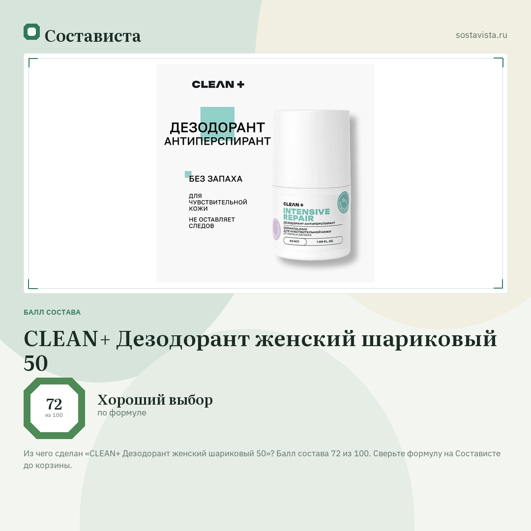 CLEAN+ Дезодорант женский шариковый 50: балл состава 72 из 100 — Состависта