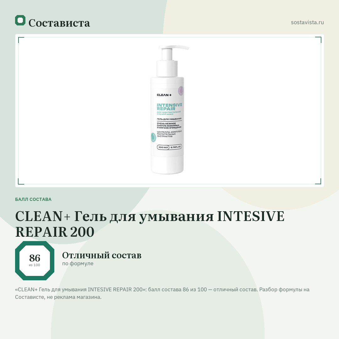 CLEAN+ Гель для умывания INTESIVE REPAIR 200: балл состава 86 из 100 — Состависта