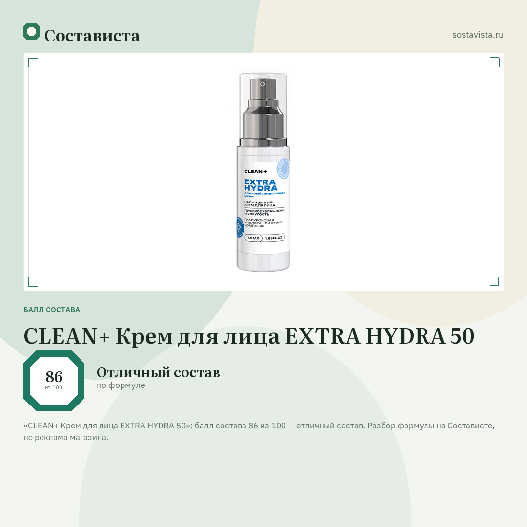 CLEAN+ Крем для лица EXTRA HYDRA 50: балл состава 86 из 100 — Состависта