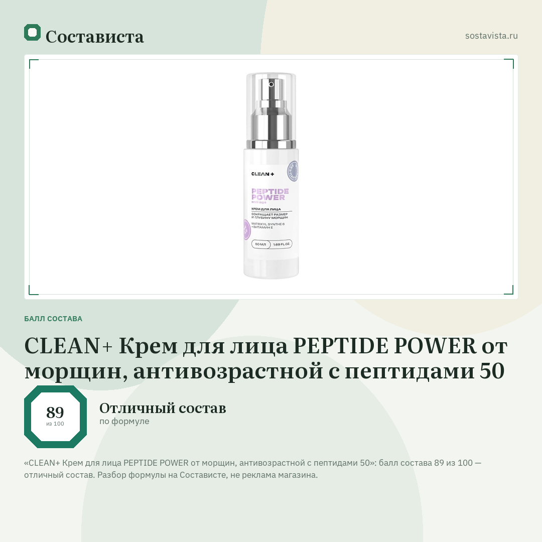 CLEAN+ Крем для лица PEPTIDE POWER от морщин, антивозрастной с пептидами 50: балл состава 89 из 100 — Состависта