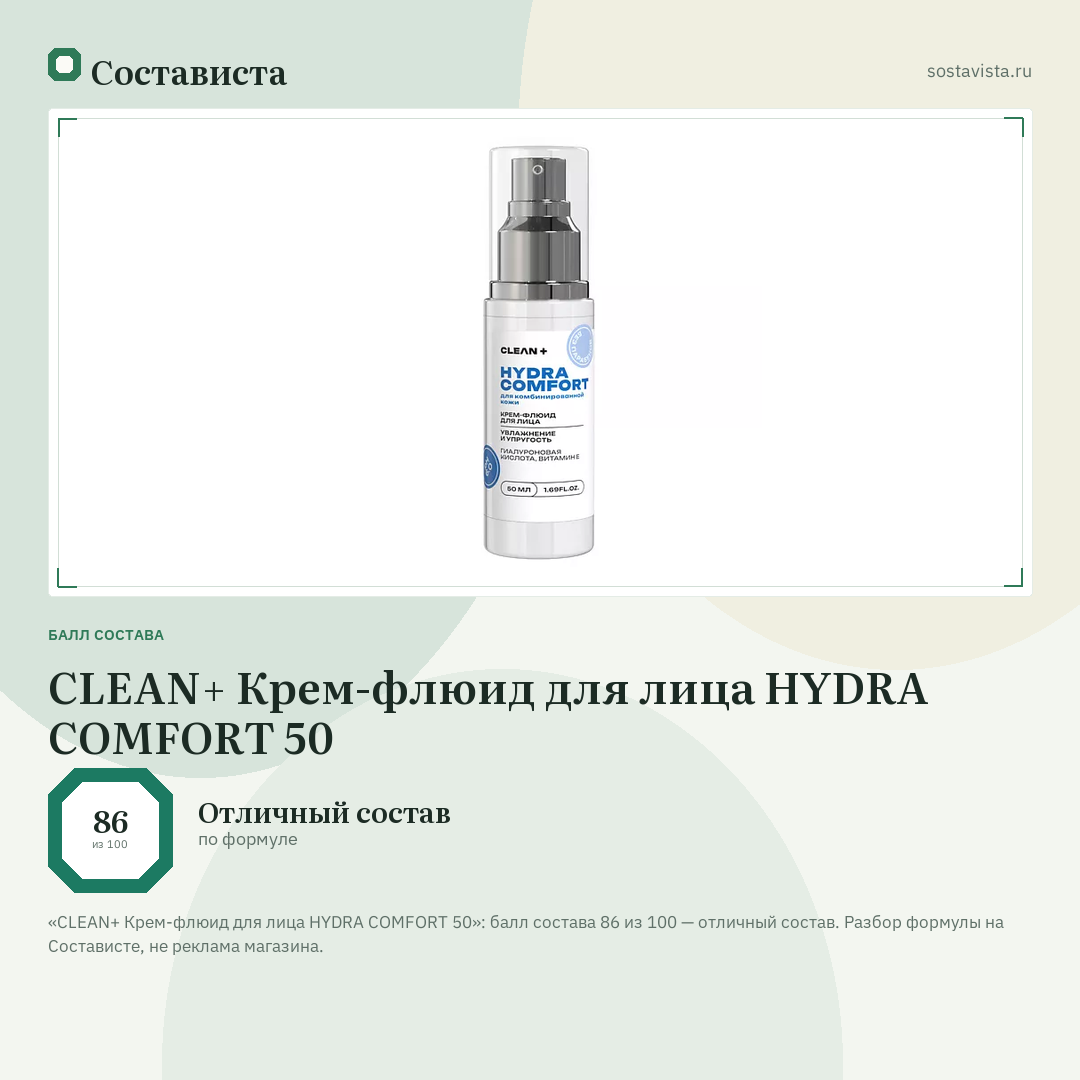 CLEAN+ Крем-флюид для лица HYDRA COMFORT 50: балл состава 86 из 100 — Состависта