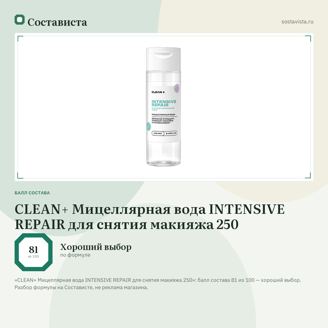 CLEAN+ Мицеллярная вода INTENSIVE REPAIR для снятия макияжа 250: балл состава 81 из 100 — Состависта