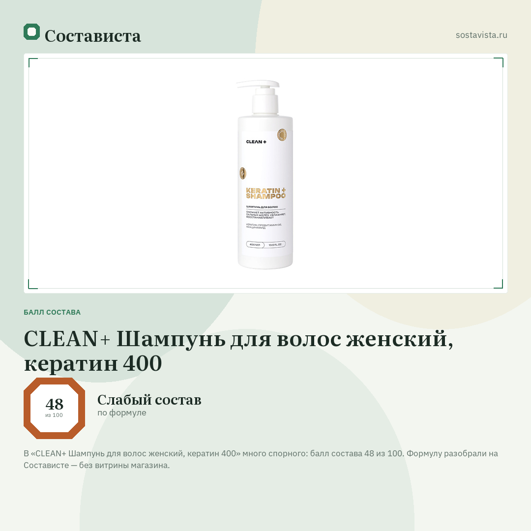 CLEAN+ Шампунь для волос женский, кератин 400: балл состава 48 из 100 — Состависта