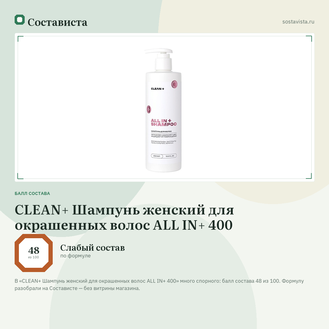 CLEAN+ Шампунь женский для окрашенных волос ALL IN+ 400: балл состава 48 из 100 — Состависта
