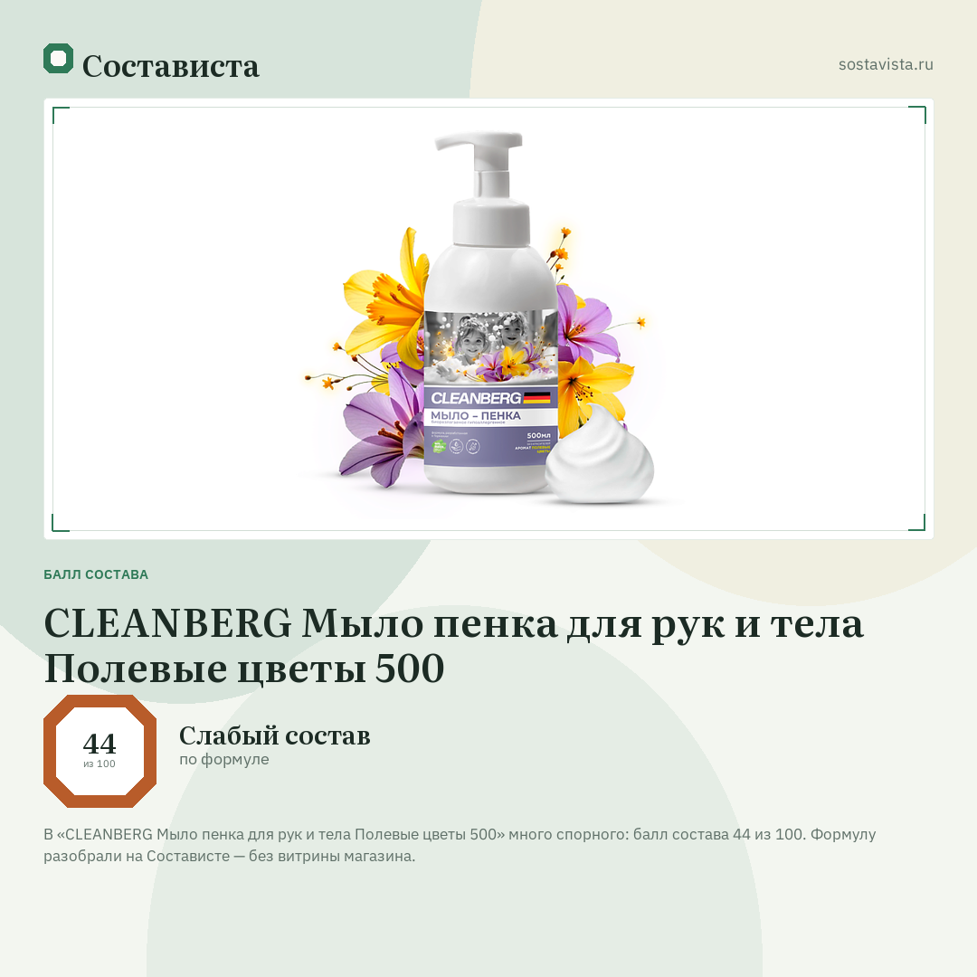 CLEANBERG Мыло пенка для рук и тела Полевые цветы 500: балл состава 44 из 100 — Состависта