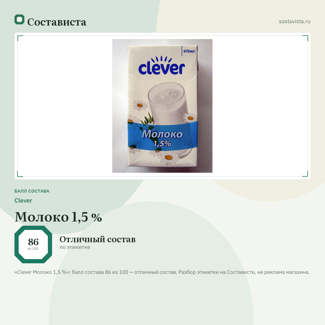 Clever Молоко 1,5 %: балл состава 86 из 100 — Состависта
