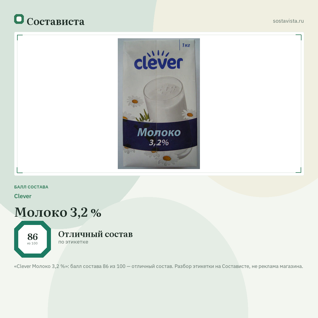 Clever Молоко 3,2 %: балл состава 86 из 100 — Состависта